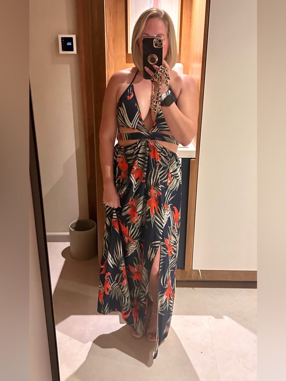 Medium Navy Tropical Cutout Maxi Dress | Halter Floral Slit Summer Dress
